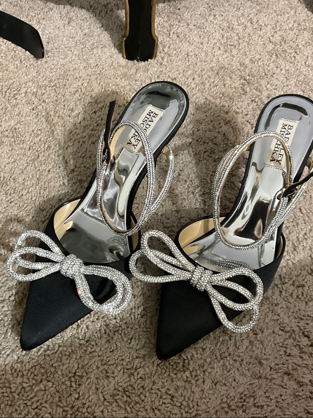 Badgley Mischka Black Satin Pointed-Toe Slingback Heels with Crystal Bow